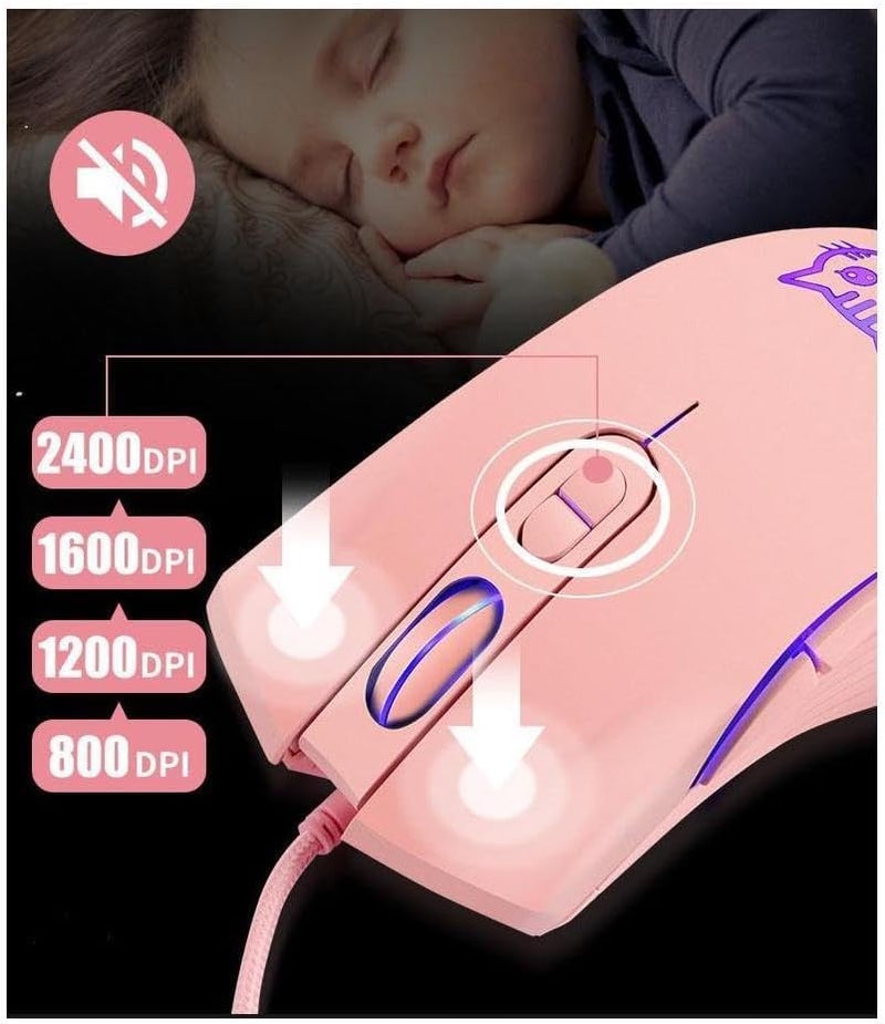 CORN Gaming Wired USB Mouse, 2400DPI 4 Adjustable Levels, Ergonomic Slient Mouse for PC/Desktop/Laptop - Pink Cat - Image 3